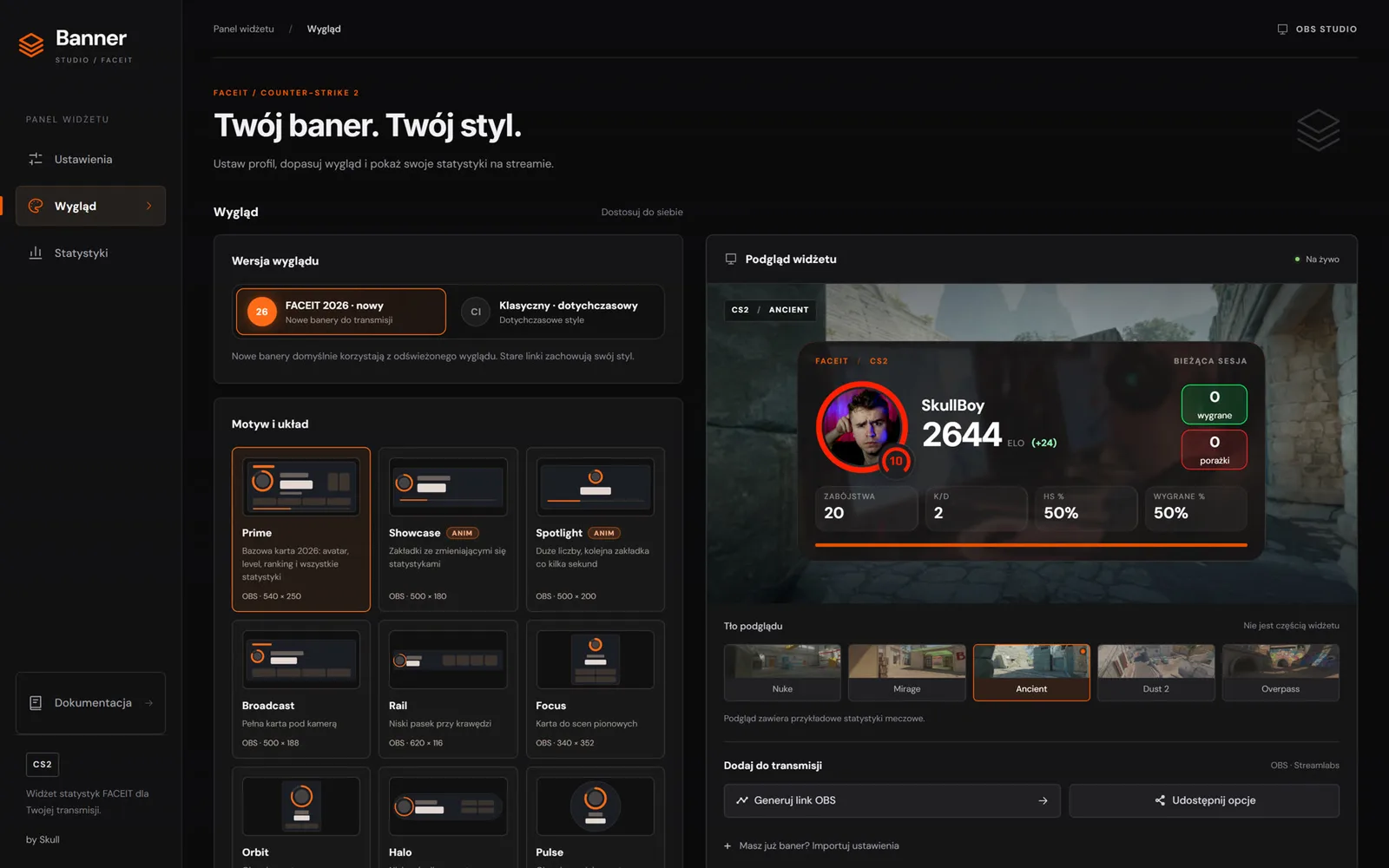 Generator FACEIT Banner Studio z podglądem na żywo