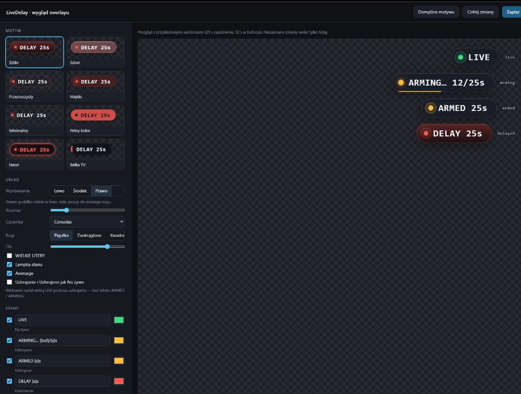 Edytor wyglądu overlayu LiveDelay
