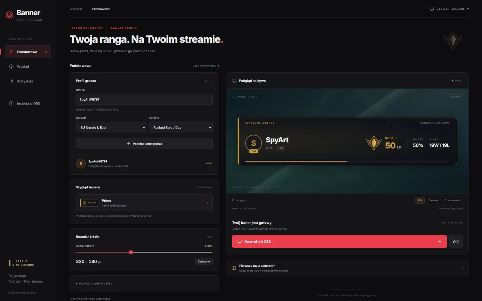 Generator LoL Banner Studio z podglądem na żywo